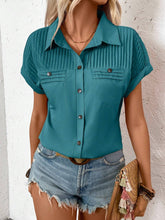 Pleated Detail Collared Neck Short Sleeve Shirt OutfitFlow
